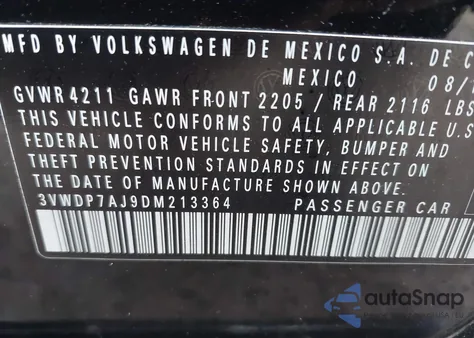 2013 Volkswagen Jetta Se z USA, uszkodzony, nr VIN 3VWDP7AJ9DM213364